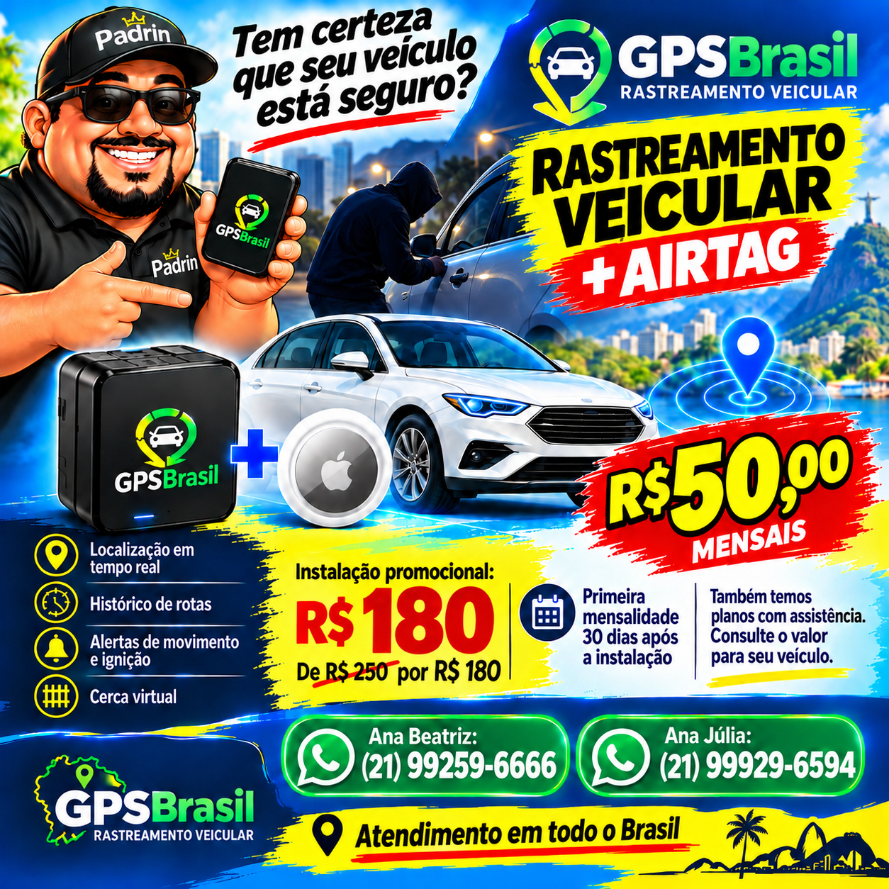 Oferta GPSBrasil: rastreamento e AirTag por 50 reais mensais, instalação promocional por 180 reais, primeira mensalidade após 30 dias